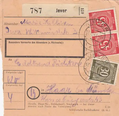 Paketkarte 1947: Jever nach Haar bei München