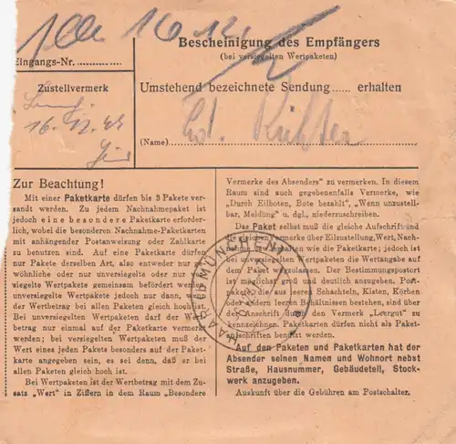 Carte de paquet 1947: Jever vers Haar près de Munich