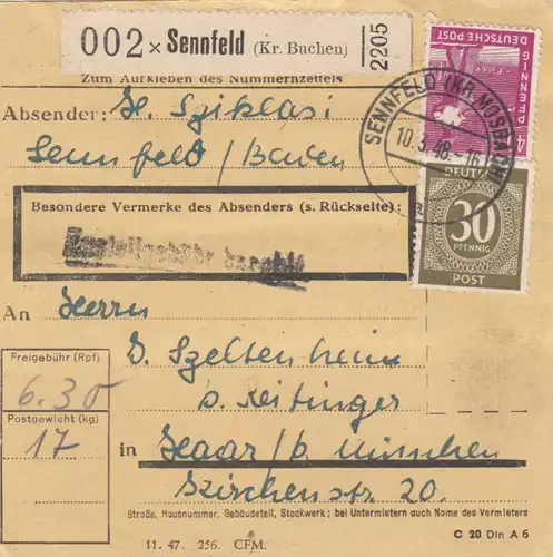 Paketkarte 1948: Sennfeld nach Haar