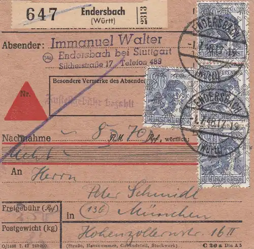 BiZone Paketkarte 1948: Endersbach bei Stuttgart nach München, Nachnahme