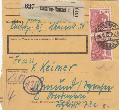 Carte de paquet 1947: Castrop-Rauxel d'après Gmund