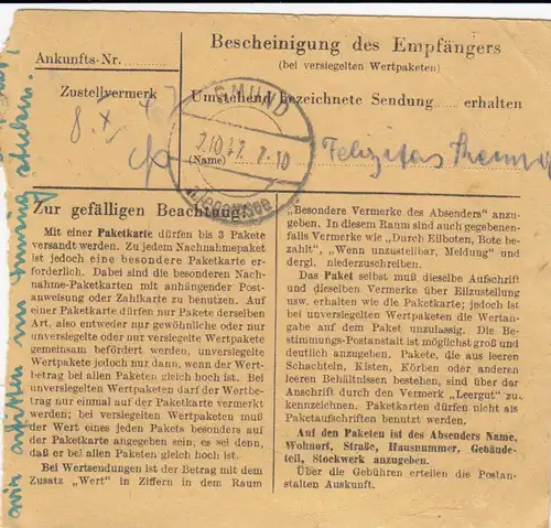 Paketkarte 1947: Castrop-Rauxel nach Gmund 