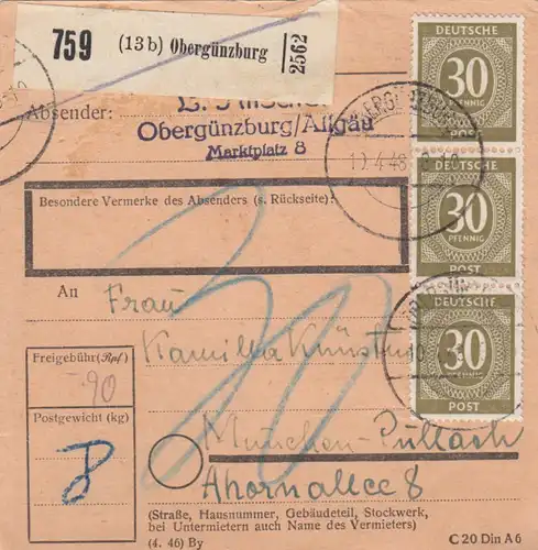 Paketkarte 1948: Obergünzburg nach Pullach, Nachgebühr