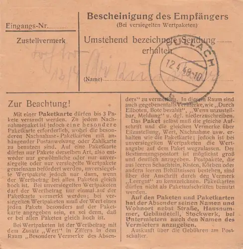 Paketkarte 1948: Obergünzburg nach Pullach, Nachgebühr