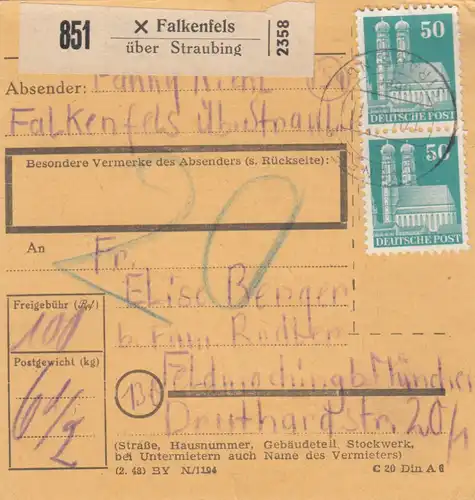 BiZone Paketkarte 1948: Falkenfels nach Feldmoching, Nachgebühr