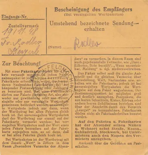 Carte de paquet BiZone 1948: Falkenfels par Feldmoching, frais supplémentaires