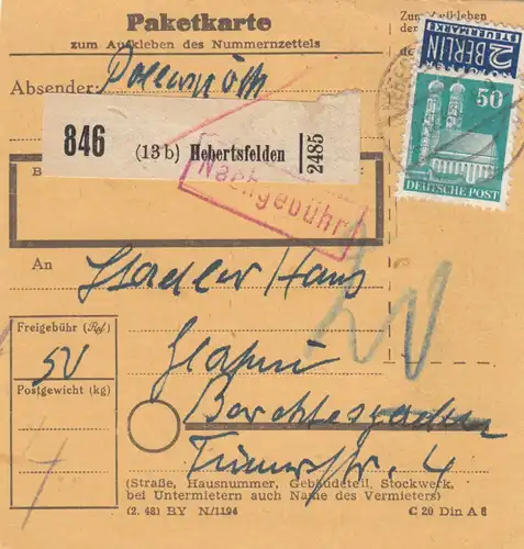 BiZone Paketkarte 1948: Herbertsfelden nach Berchtesgaden, Nachgebühr