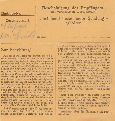 BiZone Paketkarte 1948: Herbertsfelden nach Berchtesgaden, Nachgebühr