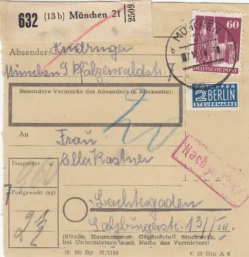 Carte de paquet BiZone 1948: Munich 9 vers Berchtesgaden, supplément