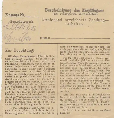 Carte de paquet BiZone 1948: Munich 9 vers Berchtesgaden, supplément