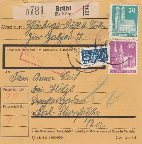 BiZone Paketkarte 1948: Brühl, Notopfer, Nachgebühr