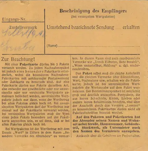 BiZone Paketkarte 1948: Brühl, Notopfer, Nachgebühr
