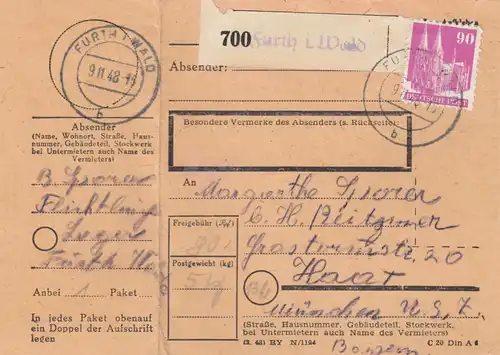 BiZone Paketkarte 1948: Furth im Wald nach Haar