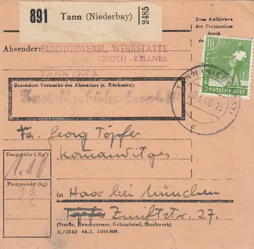 Paketkarte 1948: Tann, Kunstgewerbl. Werkstätte nach Haar