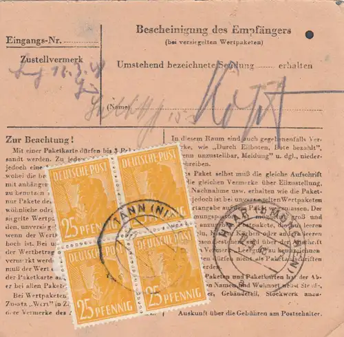 Carte de paquet 1948: Tann, atelier d'art par cheveux