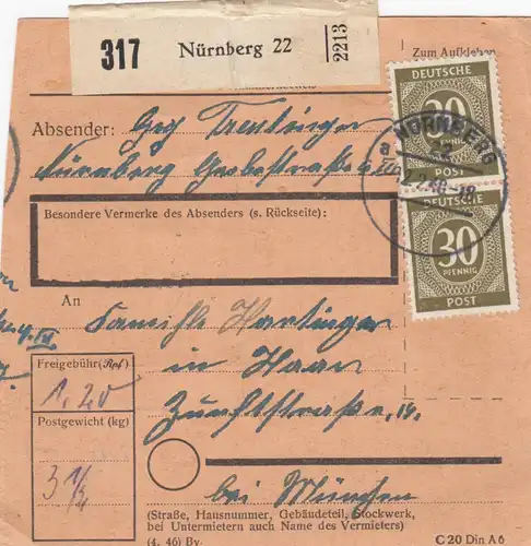 Paketkarte 1948: Nürnberg 22 nach Haar