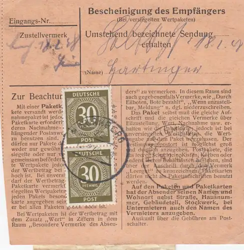 Paketkarte 1948: Nürnberg 22 nach Haar