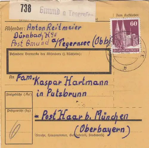 BiZone Paketkarte 1948: Dürnbach Gmund am Tegernsee nach Putzbrunn