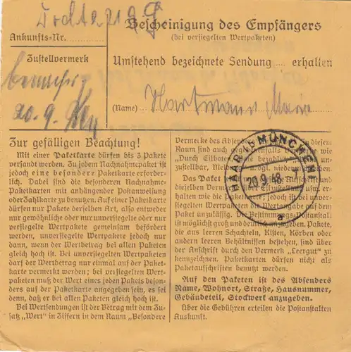 BiZone Carte de paquet 1948: Dürnbach Gmund am Tegernsee après Putzbrunn
