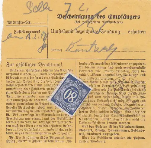 Carte de paquet 1948: Hofheim Ufr. après Putzbrunn, Post Haar
