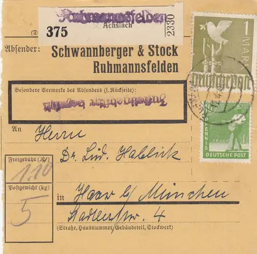 Paketkarte 1948: Ruhmannsfelden Achslach n. Haar, Selbstbucher