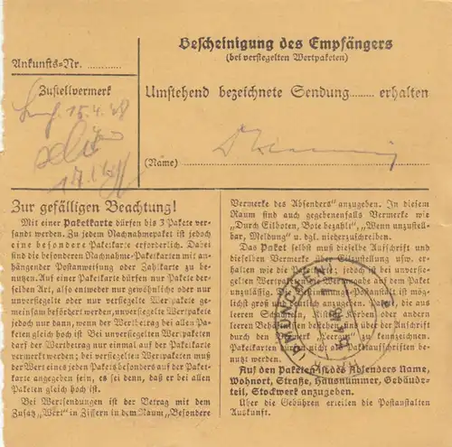 Carte de paquet 1948: Ruhmannsfelden Achslach n. Cheveux, Auto-bookeur