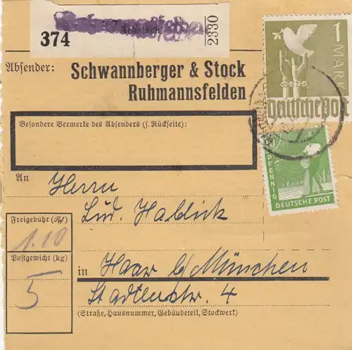 Carte de paquet 1948: Ruhmannsfelden, Schwannberger + Stock, Auto-booker