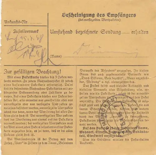 Carte de paquet 1948: Ruhmannsfelden, Schwannberger + Stock, Auto-booker