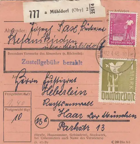 Paketkarte 1948: Stefanskirchen Mühldorf nach Haar