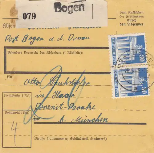 BiZone Paketkarte 1948: Bogen an der Donau nach Haar, Nachgebühr
