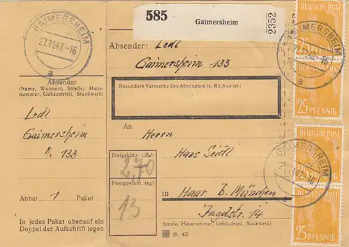 Paketkarte 1947: Gaimersheim nach Haar