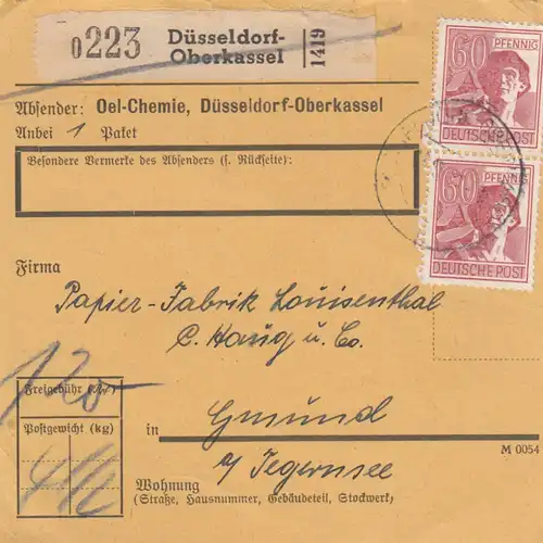 Paketkarte 1947: Düsseldorf, Öl-Chemie nach Gmund am Tegernsee