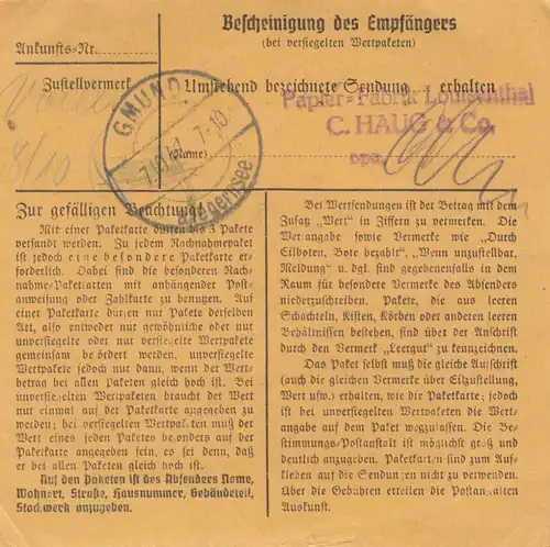 Carte de paquet 1947: Düsseldorf, Oil-Chimie d'après Gmund am Tegernsee