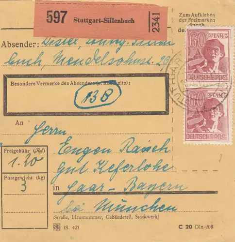Paketkarte 1948: Stuttgart-Sillenbuch nach Keferloh