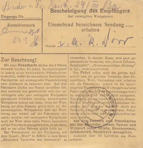 Paketkarte 1948: Stuttgart-Sillenbuch nach Keferloh