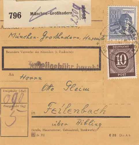 Carte de paquet 1947: Munich-Großhadern vers Feilnbach