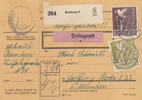Carte de paquet 1948: Bamberg vers Eglfing, Urgent