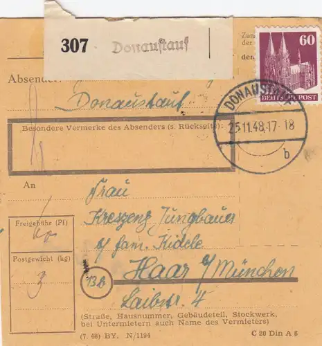 Carte de paquet BiZone 1948: Dauanstauf selon Haar b. Munich