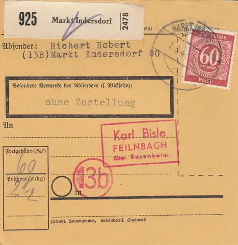 Carte de paquet 1947: Markt Indersdorf vers Feilnbach, sans livraison