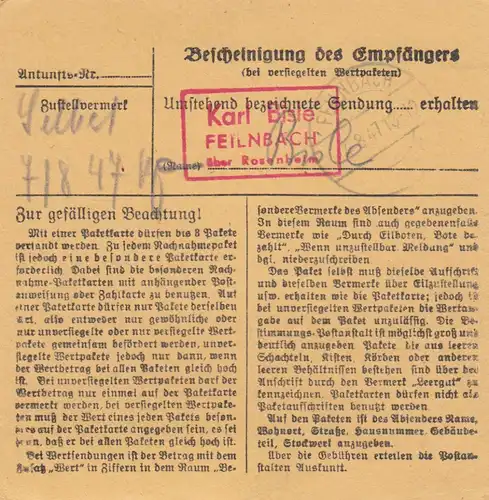 Paketkarte 1947: Markt Indersdorf nach Feilnbach, ohne Zustellung
