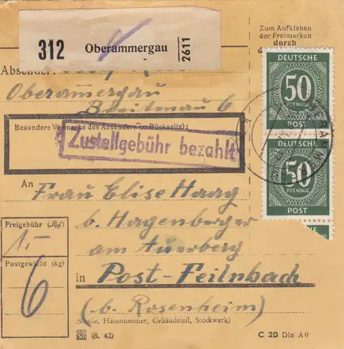 Carte de paquet 1947: Oberammergau vers Am Auerberg, Feilnbach