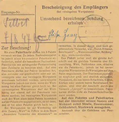 Carte de paquet 1947: Oberammergau vers Am Auerberg, Feilnbach