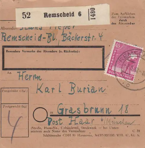 Carte de paquet 1948: Remscheid vers Grasbrunn