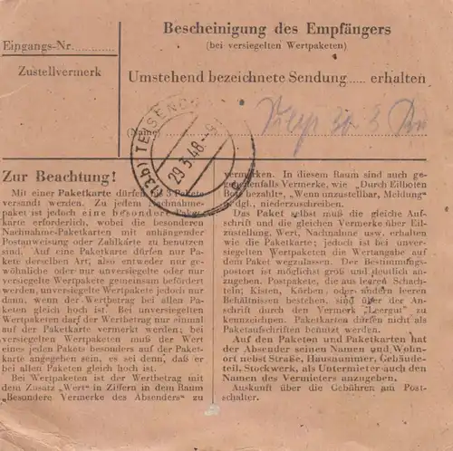 Paketkarte 1948: Elbrinxen nach Teisendof