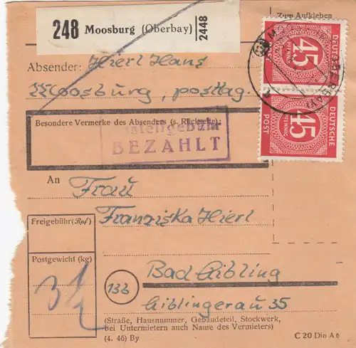 Paketkarte 1947: Moosburg nach Bad Aibling