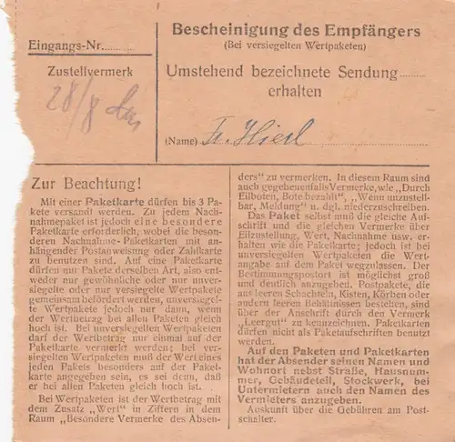 Paketkarte 1947: Moosburg nach Bad Aibling