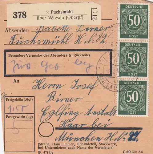 Carte de paquet 1948: Fuchsmühl par Staltalt Eglfing