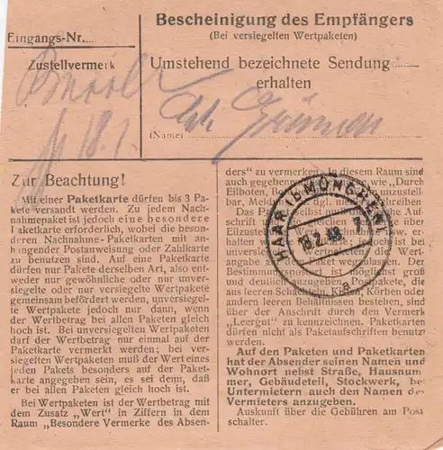 Carte de paquet 1948: Fuchsmühl par Staltalt Eglfing