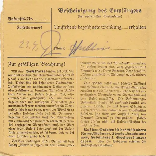 Paketkarte 1947: Toilettenart. Markt Schwaben nach Bad Aibling, Selbstb.