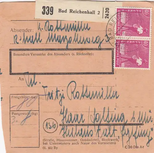 Paketkarte 1948: Bad Reichenhall nach Haar, Heilanstalt
